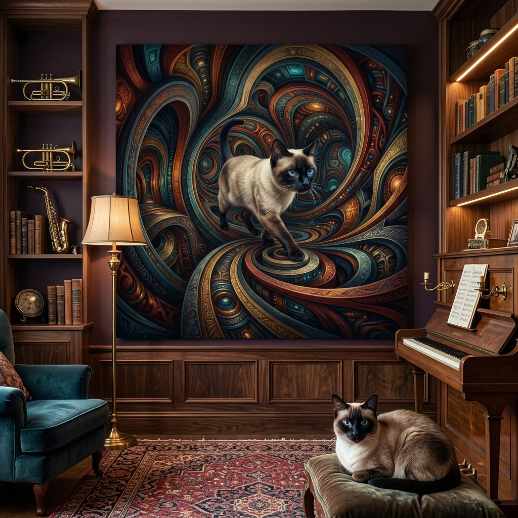 Surreal Dynamic Canvas room mockup; custom cat portrait canvas from photo in the Surreal Dynamic style; pointed cat; proof before print.