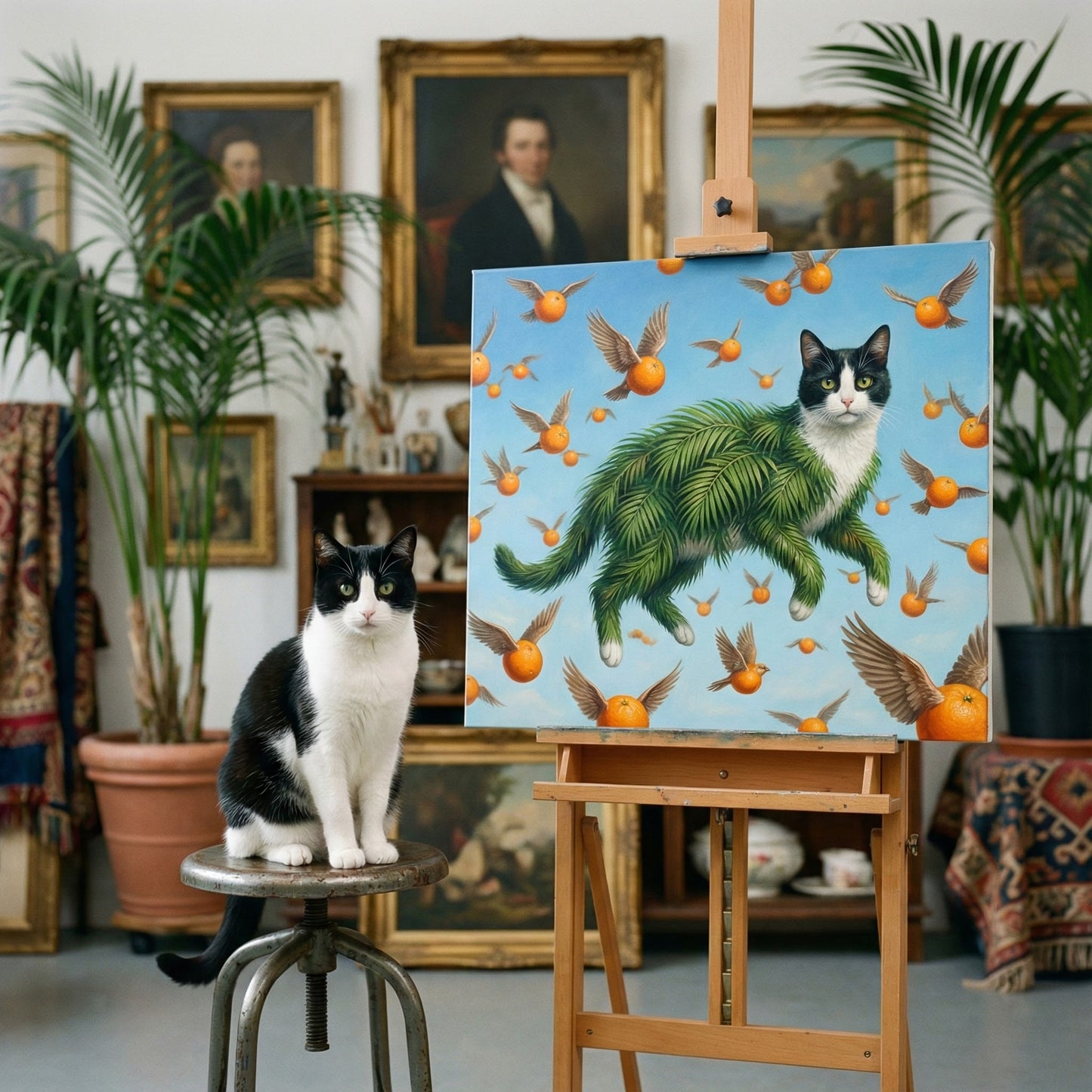 Surreal Accent Canvas room mockup; custom cat portrait canvas from photo in the Surreal Accent style; broadcast-themed; tuxedo cat; proof before print.
