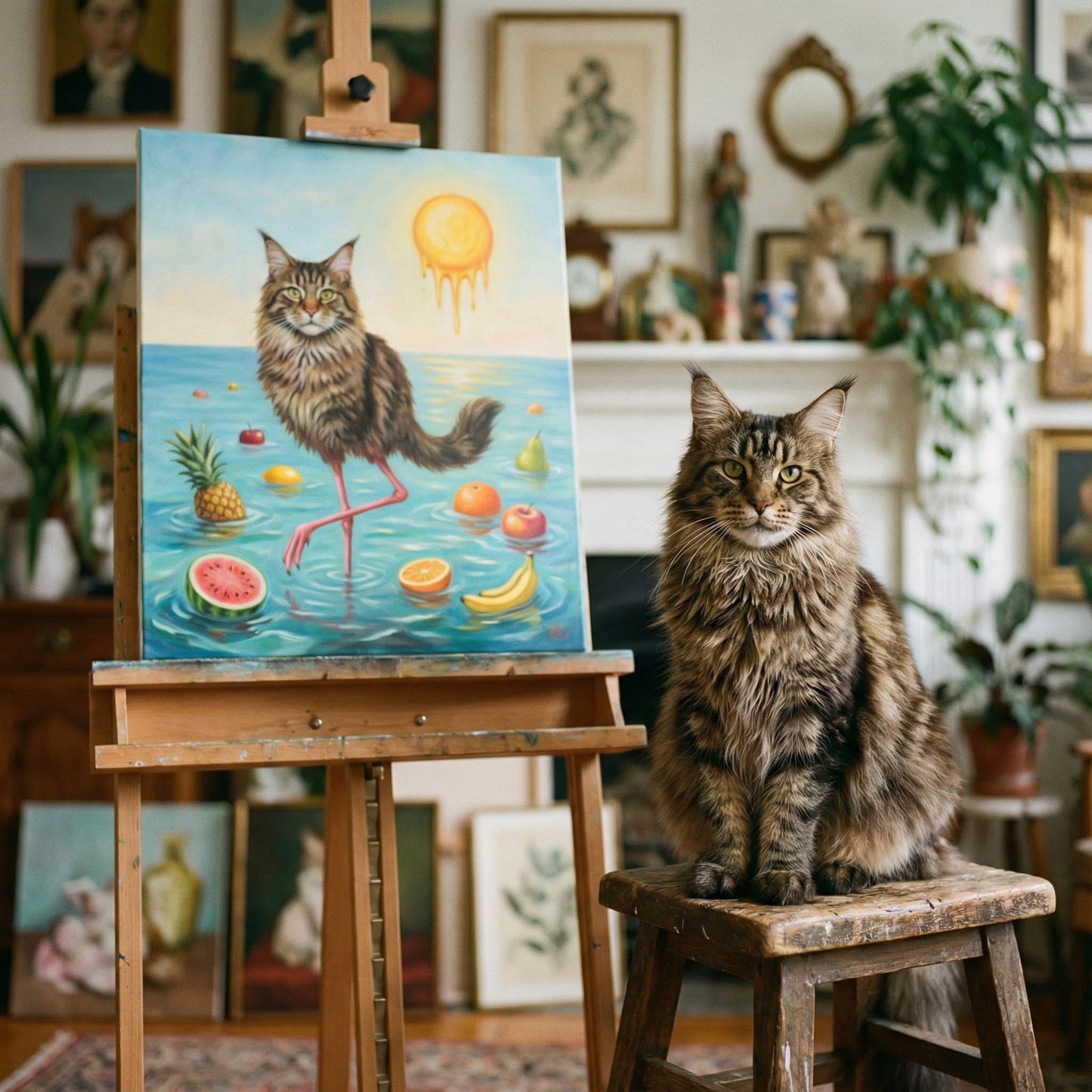 Surreal Accent Canvas room mockup; custom cat portrait canvas from photo in the Surreal Accent style; broadcast-themed; longhair cat; proof before print.