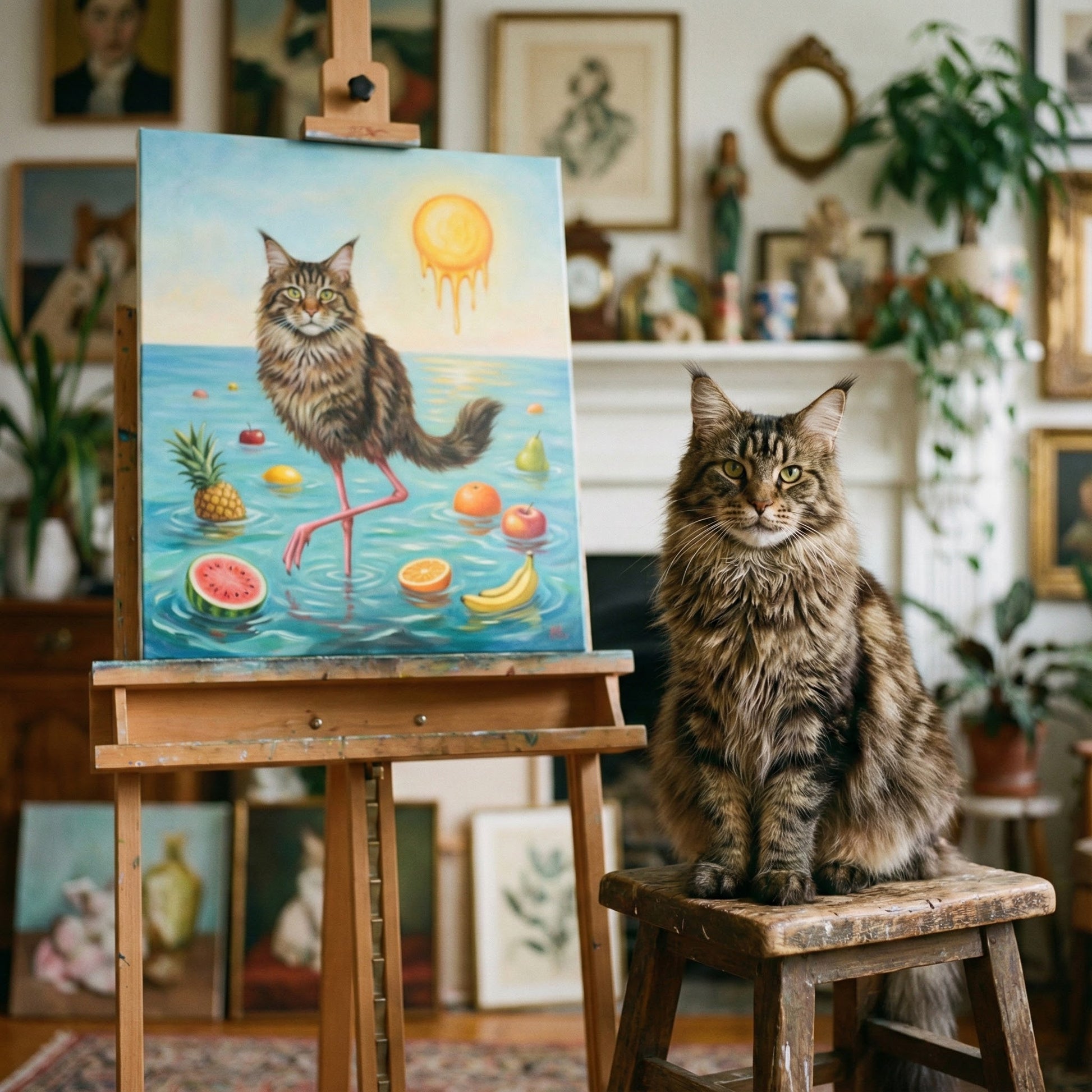 Surreal Accent Canvas room mockup; custom cat portrait canvas from photo in the Surreal Accent style; broadcast-themed; longhair cat; proof before print.