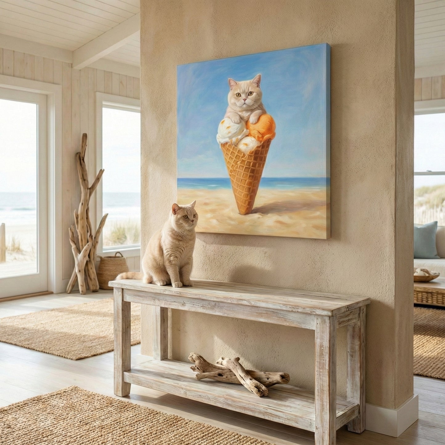 Surreal Accent Canvas room mockup; custom cat portrait canvas from photo in the Surreal Accent style; longhair cat; proof before print.