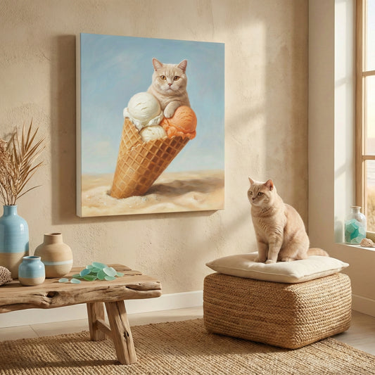 Surreal Accent Canvas room mockup; custom cat portrait canvas from photo in the Surreal Accent style; longhair cat; proof before print.