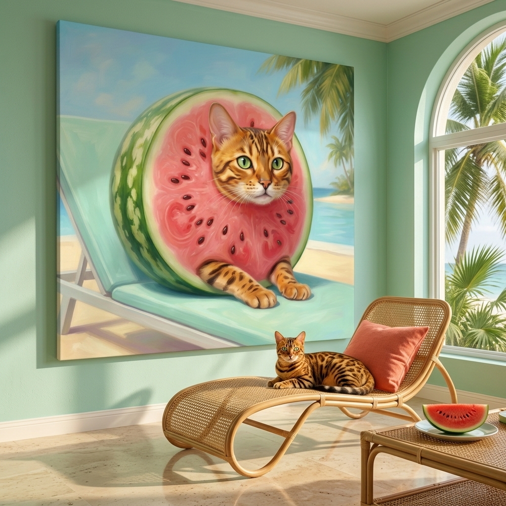 Surreal Accent Canvas room mockup; custom cat portrait canvas from photo in the Surreal Accent style; spotted tabby-like cat; proof before print.
