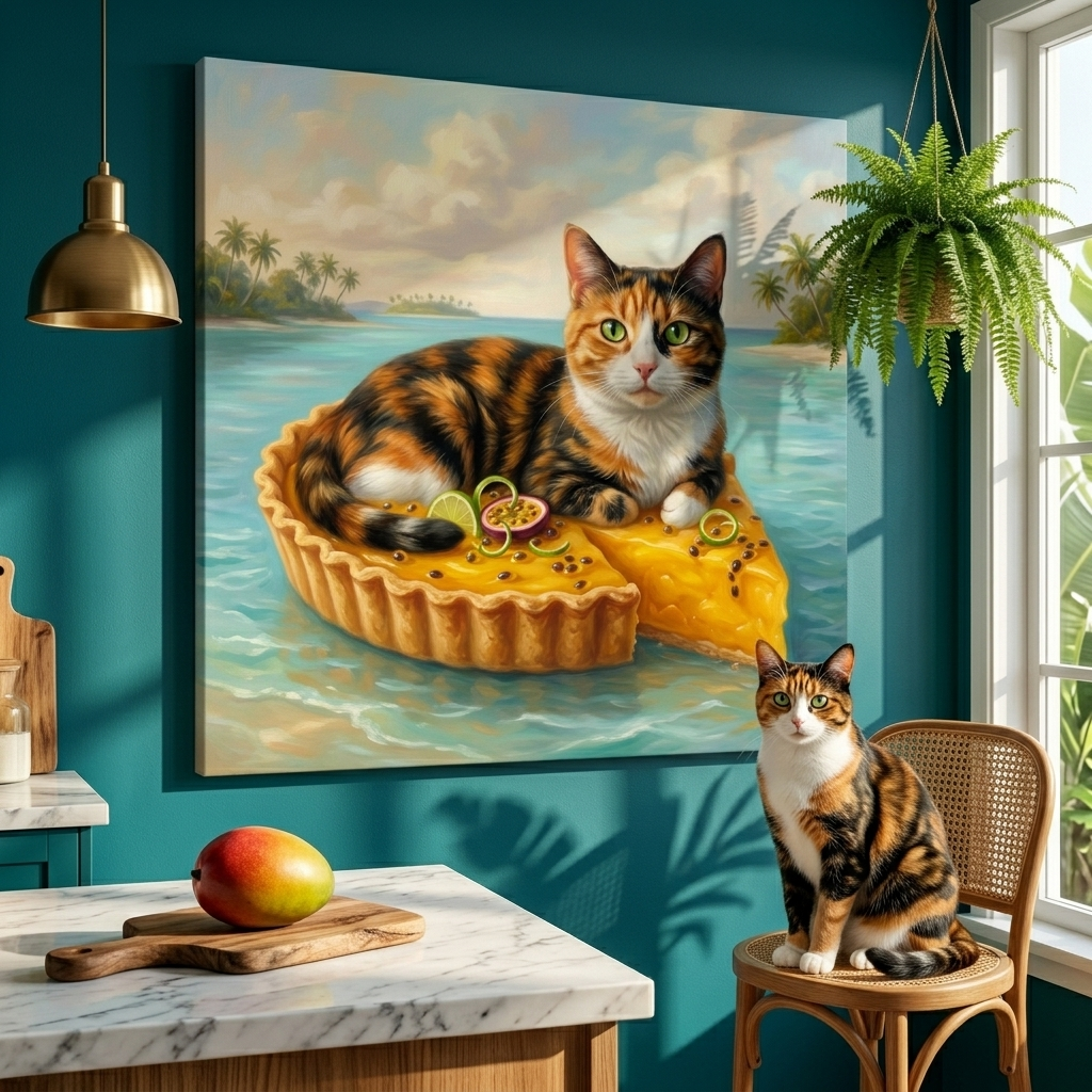 Surreal Accent Canvas room mockup; custom cat portrait canvas from photo in the Surreal Accent style; calico cat; proof before print.
