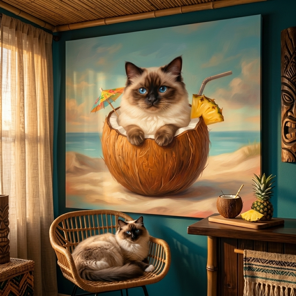 Surreal Accent Canvas room mockup; custom cat portrait canvas from photo in the Surreal Accent style; longhair cat; proof before print.
