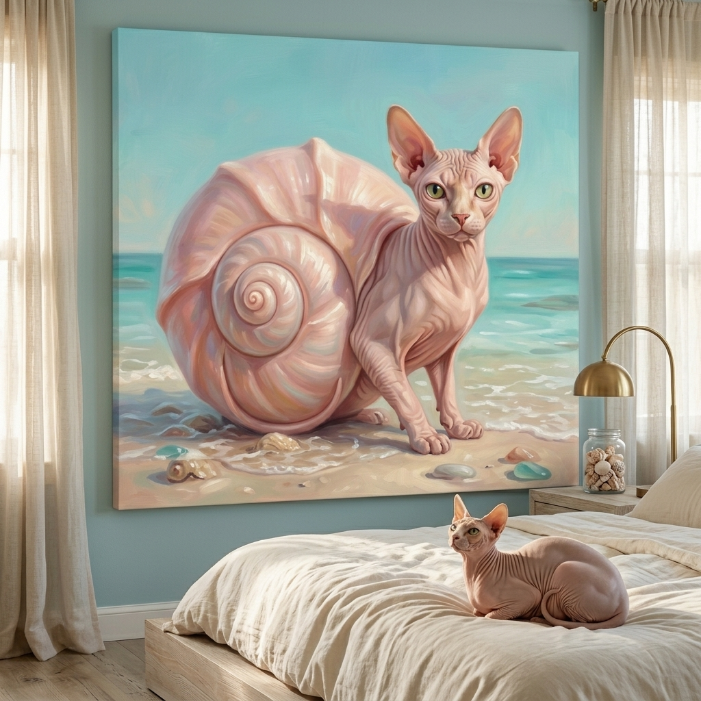 Surreal Accent Canvas room mockup; custom cat portrait canvas from photo in the Surreal Accent style; hairless cat; proof before print.