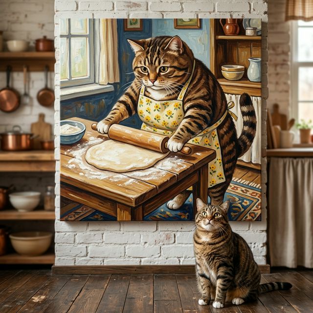 Cozy Kitchen Folk Canvas room mockup; custom cat portrait canvas from photo in the Cozy Kitchen Folk style; kitchen-themed; gray cat; proof before print.