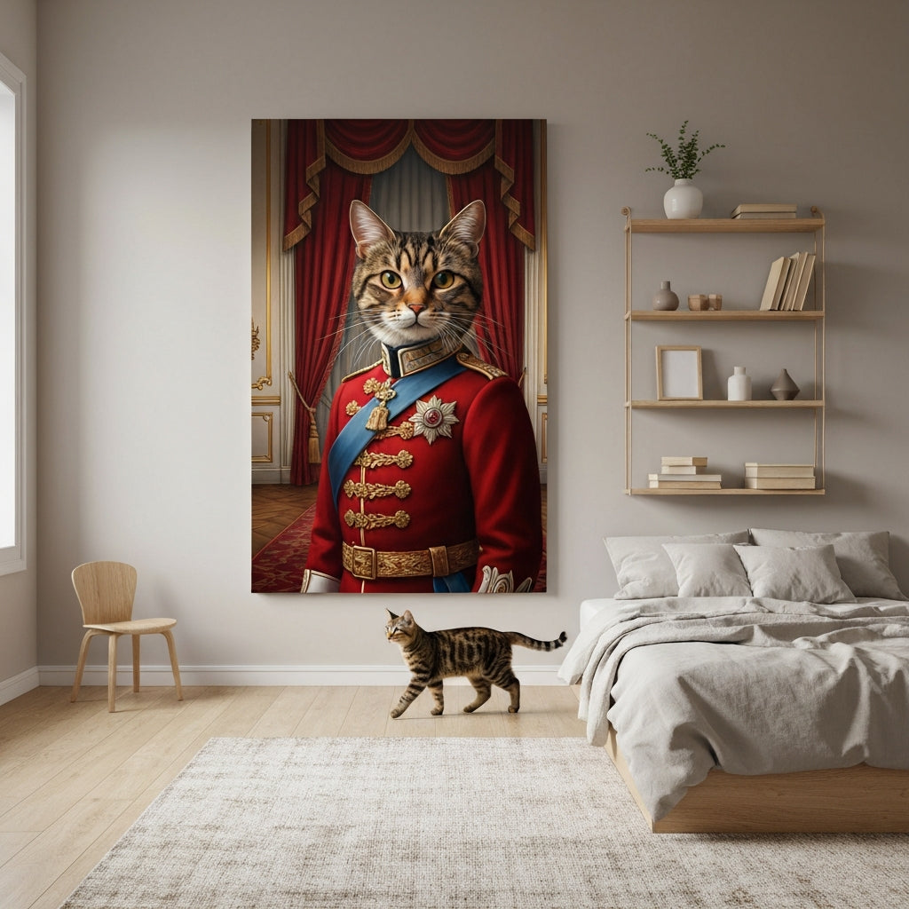 The Sovereign Canvas room mockup; custom cat portrait canvas from photo in the The Sovereign style; tabby cat; proof before print.
