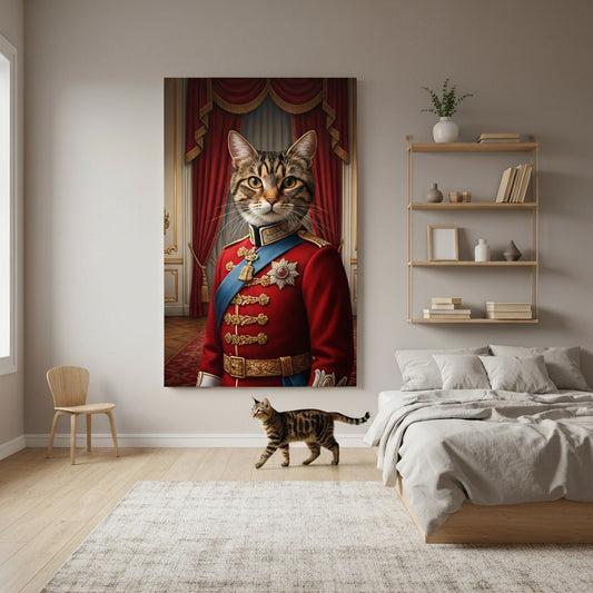 The Sovereign Canvas room mockup; custom cat portrait canvas from photo in the The Sovereign style; tabby cat; proof before print.