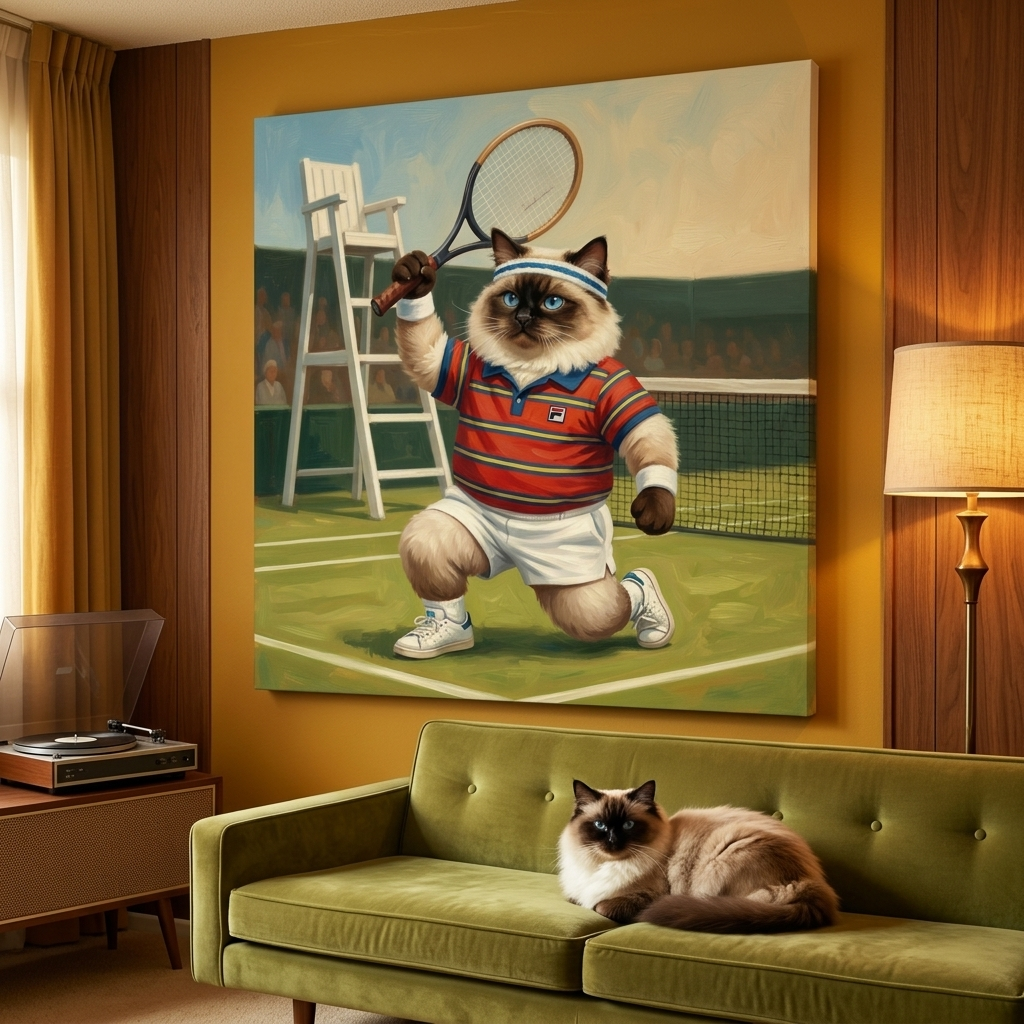 Tennis Country Club Canvas room mockup; custom cat portrait canvas from photo in the Tennis Country Club style; sport-themed; longhair cat; proof before print.