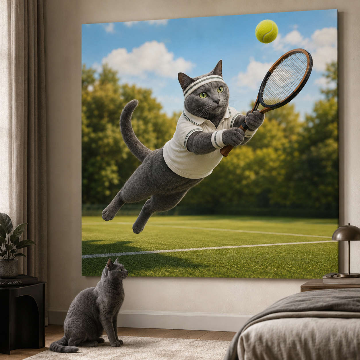 Tennis Country Club Canvas room mockup; custom cat portrait canvas from photo in the Tennis Country Club style; sport-themed; gray cat; proof before print.