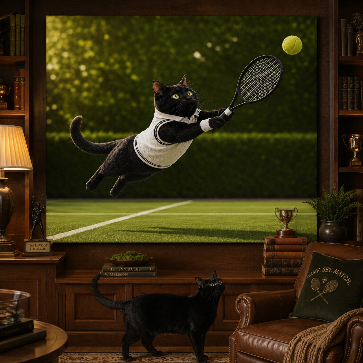 Tennis Country Club Canvas room mockup; custom cat portrait canvas from photo in the Tennis Country Club style; sport-themed; black cat; proof before print.