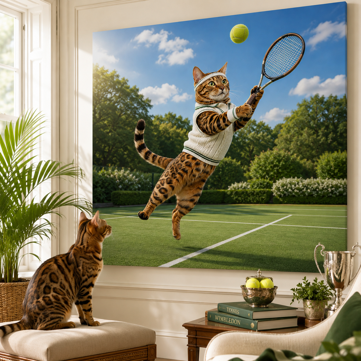 Tennis Country Club Canvas room mockup; custom cat portrait canvas from photo in the Tennis Country Club style; sport-themed; spotted tabby-like cat; proof before print.
