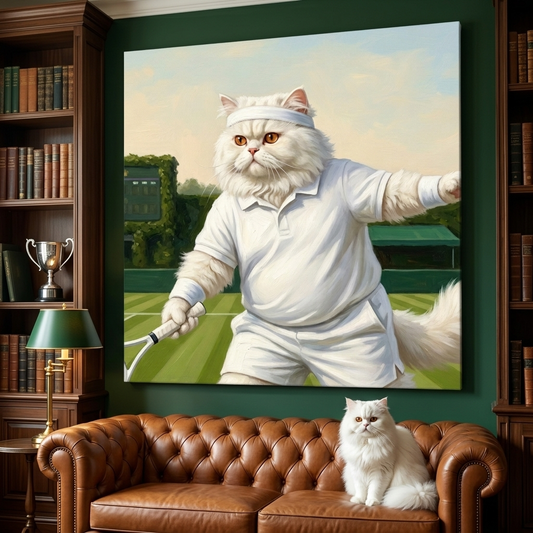 Tennis Country Club Canvas room mockup; custom cat portrait canvas from photo in the Tennis Country Club style; sport-themed; longhair cat; proof before print.
