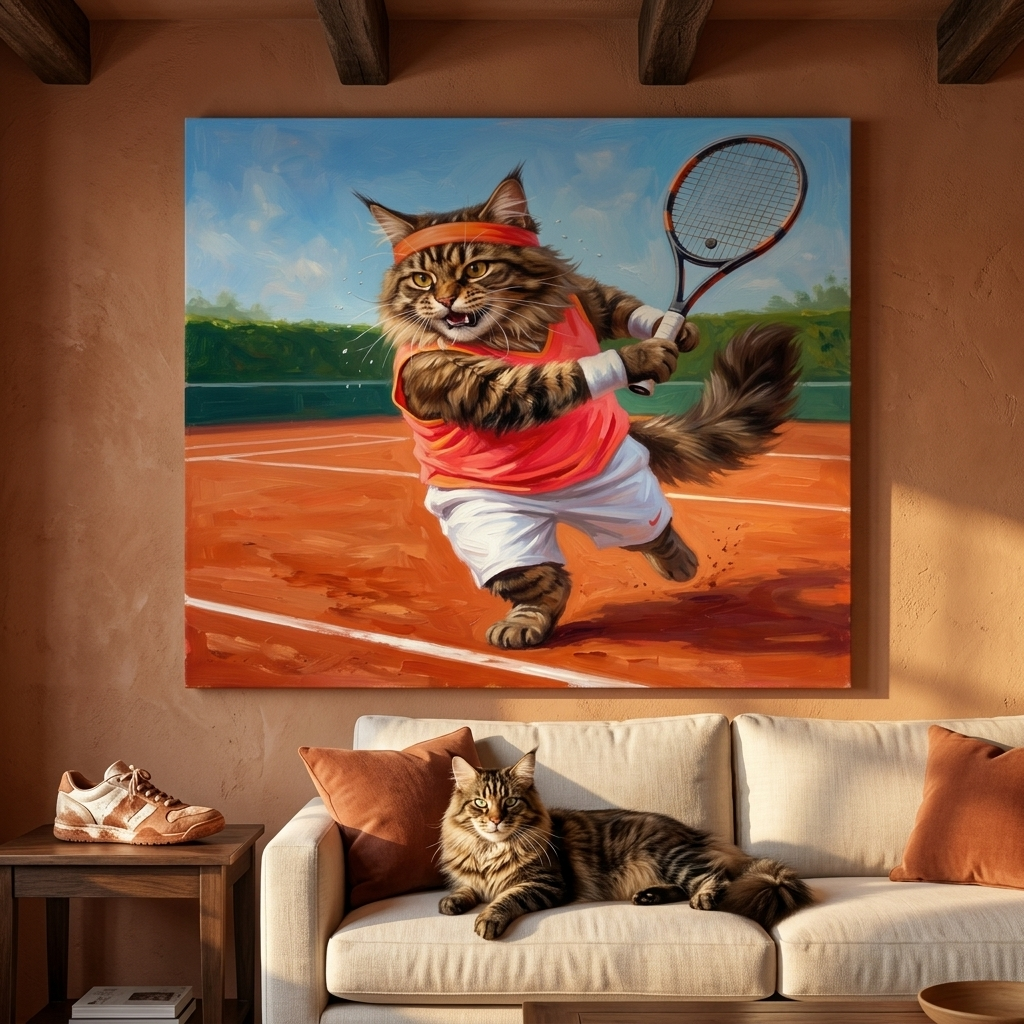 Tennis Country Club Canvas room mockup; custom cat portrait canvas from photo in the Tennis Country Club style; sport-themed; longhair cat; proof before print.