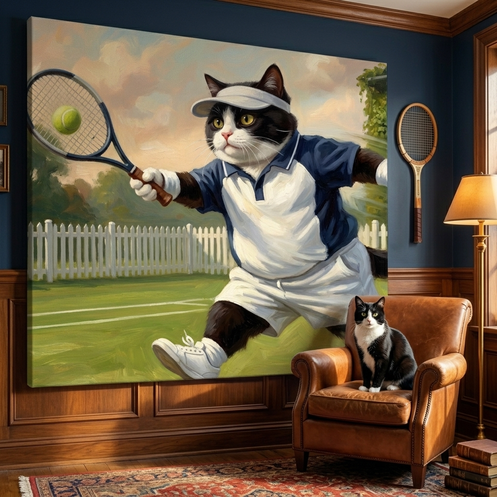 Tennis Country Club Canvas room mockup; custom cat portrait canvas from photo in the Tennis Country Club style; sport-themed; tuxedo cat; proof before print.