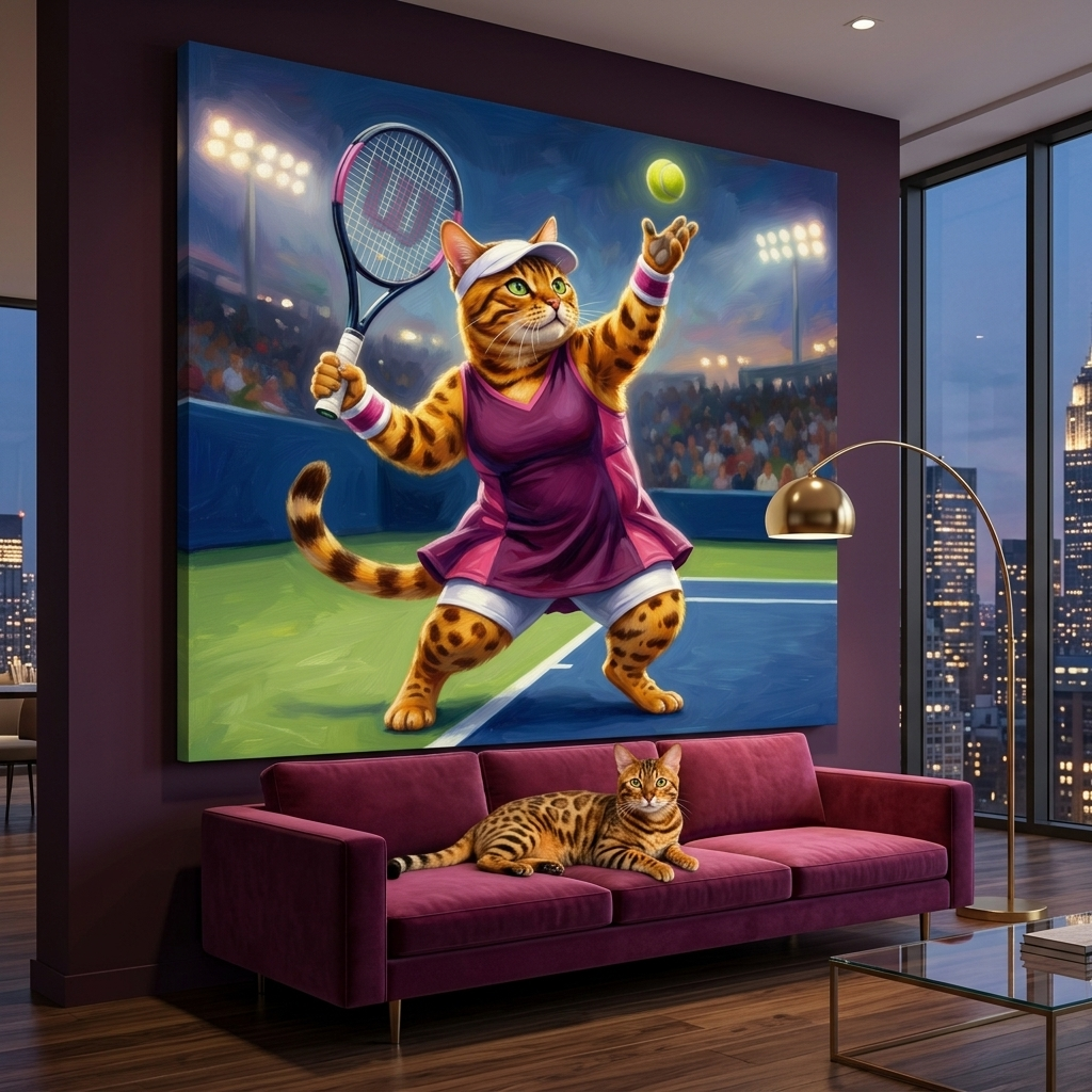 Tennis Country Club Canvas room mockup; custom cat portrait canvas from photo in the Tennis Country Club style; sport-themed; spotted tabby-like cat; proof before print.