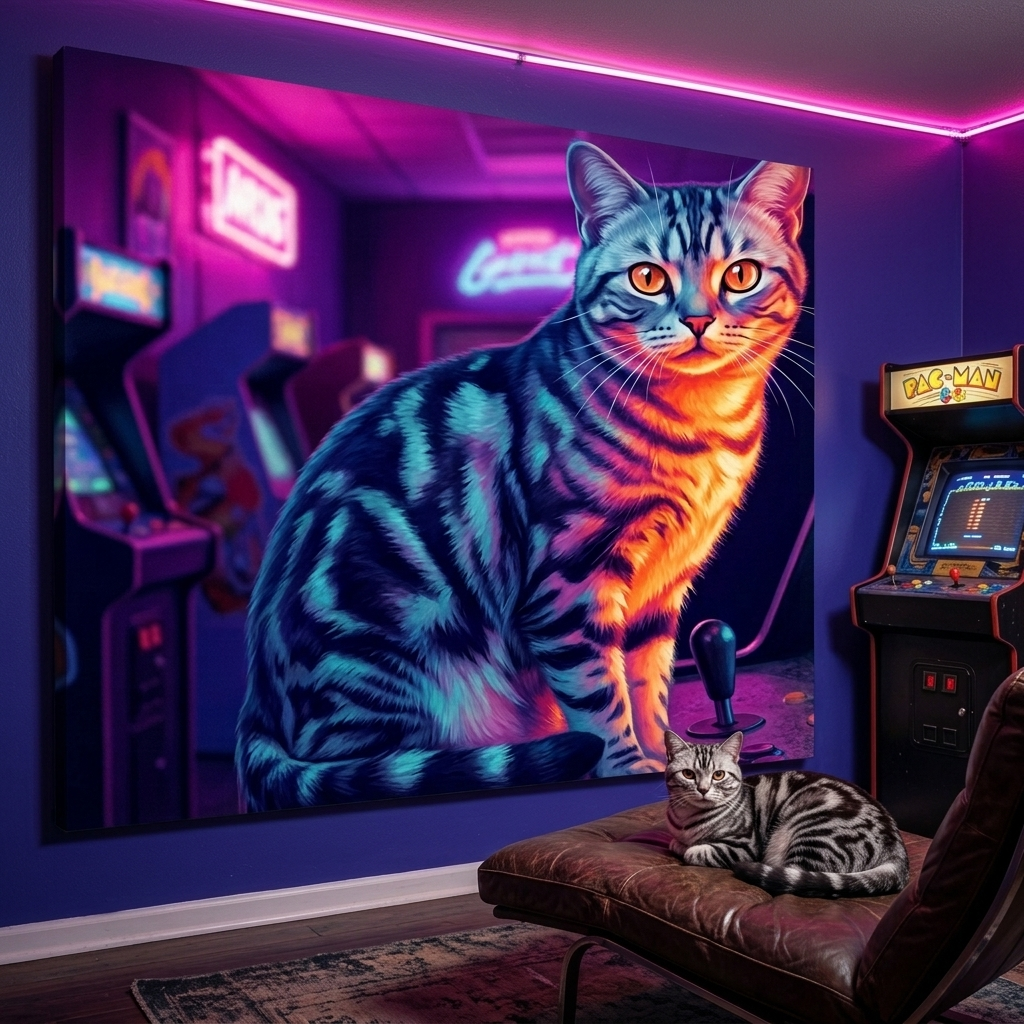 Thermal Pulse Canvas room mockup; custom cat portrait canvas from photo in the Thermal Pulse style; gray cat; proof before print.