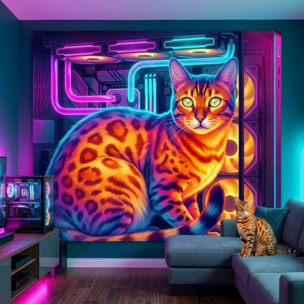 Thermal Pulse Canvas room mockup; custom cat portrait canvas from photo in the Thermal Pulse style; spotted tabby-like cat; proof before print.