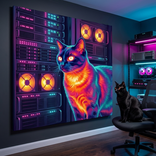 Thermal Pulse Canvas room mockup; custom cat portrait canvas from photo in the Thermal Pulse style; black cat; proof before print.