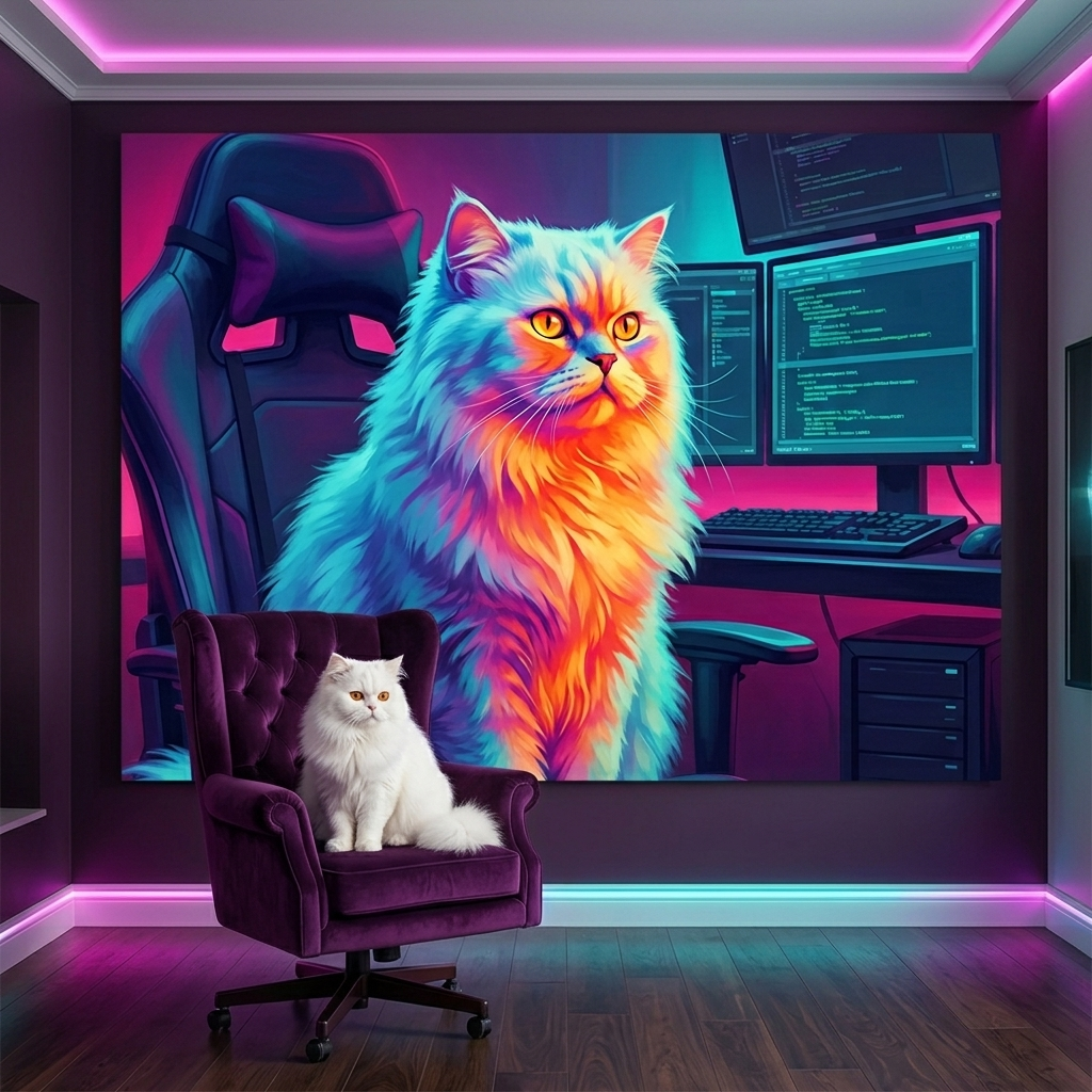 Thermal Pulse Canvas room mockup; custom cat portrait canvas from photo in the Thermal Pulse style; longhair cat; proof before print.