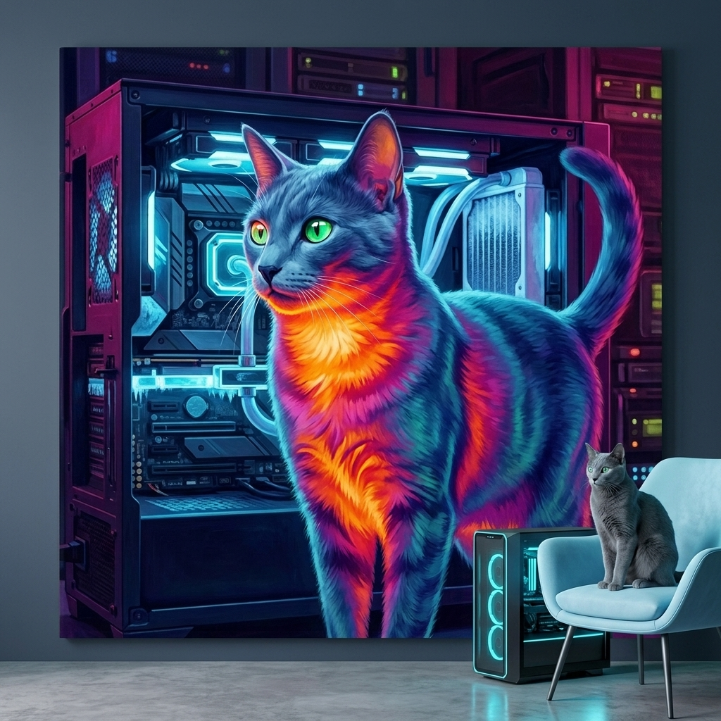 Thermal Pulse Canvas room mockup; custom cat portrait canvas from photo in the Thermal Pulse style; gray cat; proof before print.