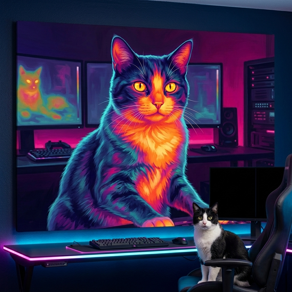 Thermal Pulse Canvas room mockup; custom cat portrait canvas from photo in the Thermal Pulse style; tuxedo cat; proof before print.