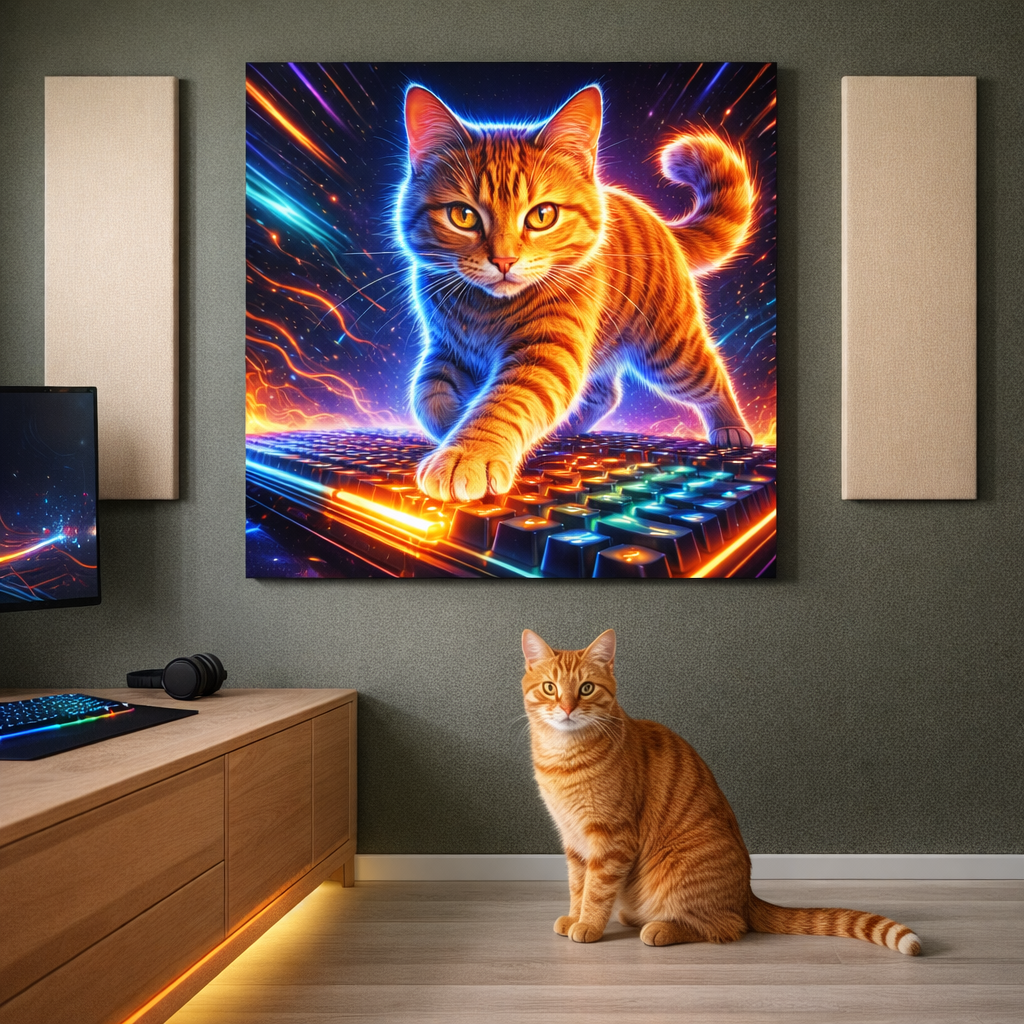 Thermal Pulse Canvas room mockup; custom cat portrait canvas from photo in the Thermal Pulse style; orange tabby cat; proof before print.