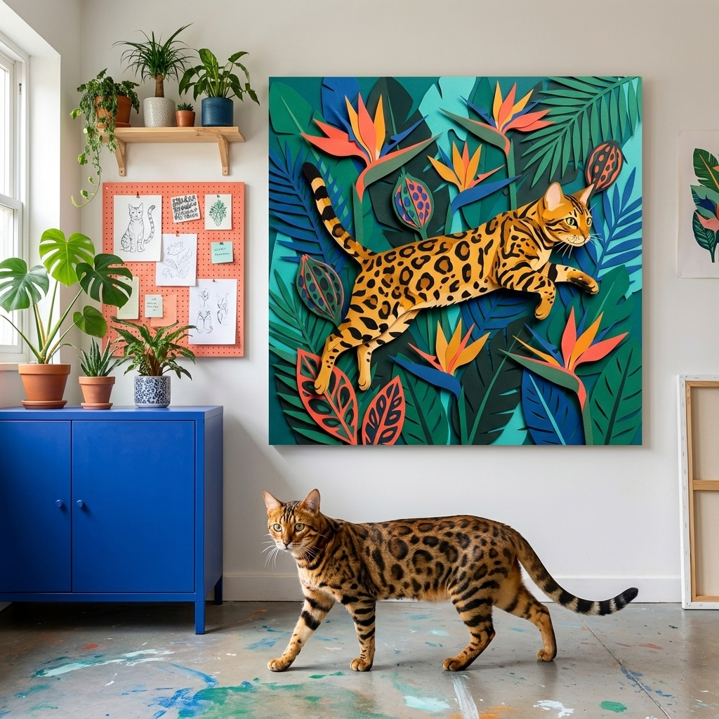 Tropical Cut-Paper Canvas room mockup; custom cat portrait canvas from photo in the Tropical Cut-Paper style; spotted tabby-like cat; proof before print.