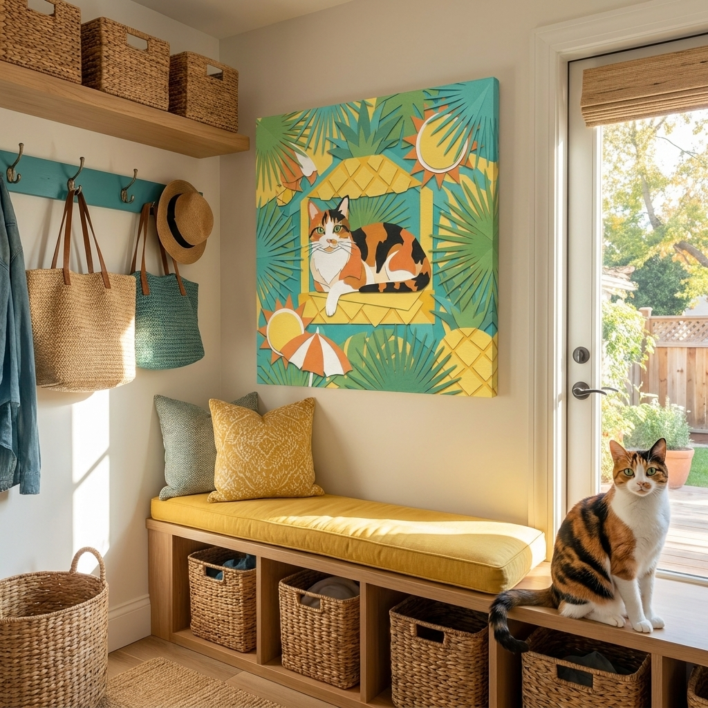 Tropical Cut-Paper Canvas room mockup; custom cat portrait canvas from photo in the Tropical Cut-Paper style; calico cat; proof before print.