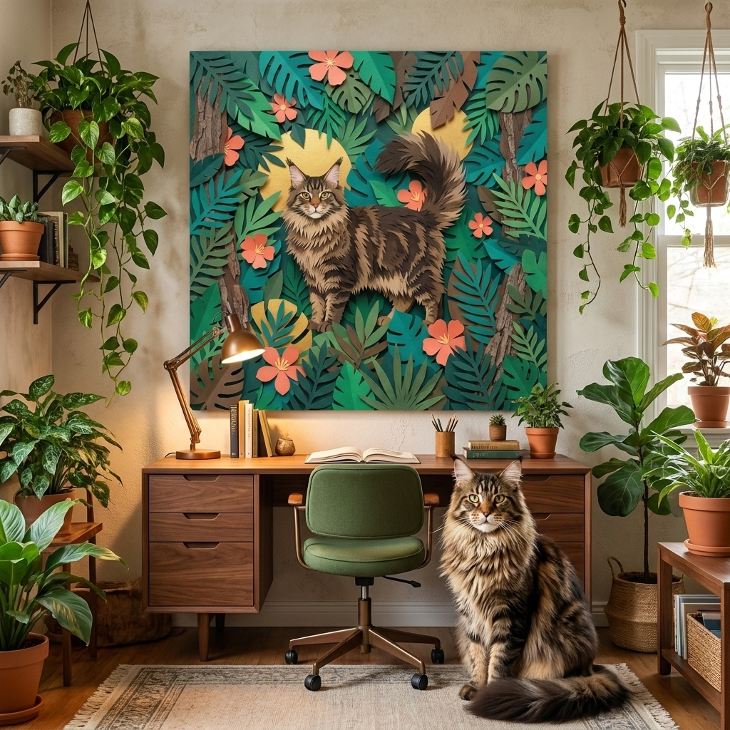 Tropical Cut-Paper Canvas room mockup; custom cat portrait canvas from photo in the Tropical Cut-Paper style; longhair cat; proof before print.