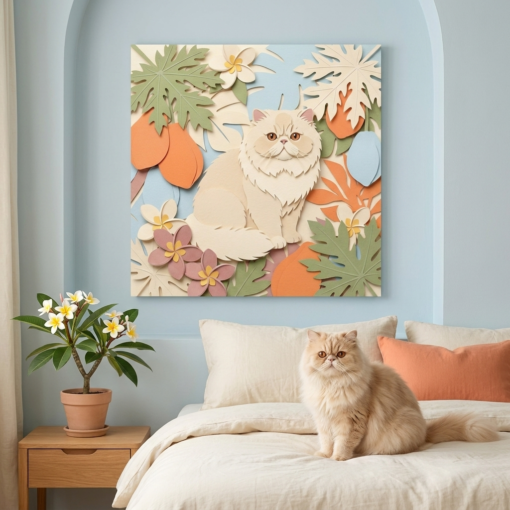 Tropical Cut-Paper Canvas room mockup; custom cat portrait canvas from photo in the Tropical Cut-Paper style; longhair cat; proof before print.