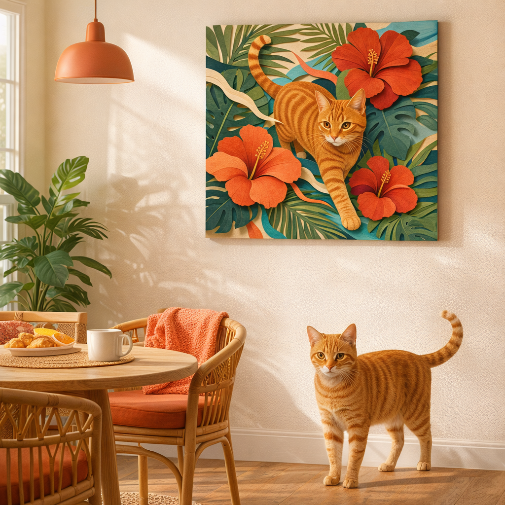 Tropical Cut-Paper Canvas room mockup; custom cat portrait canvas from photo in the Tropical Cut-Paper style; orange tabby cat; proof before print.