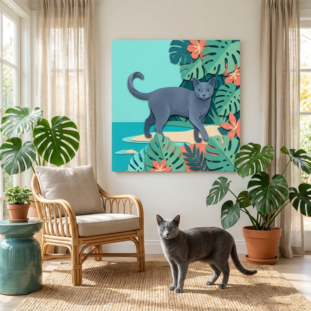 Tropical Cut-Paper Canvas room mockup; custom cat portrait canvas from photo in the Tropical Cut-Paper style; gray cat; proof before print.