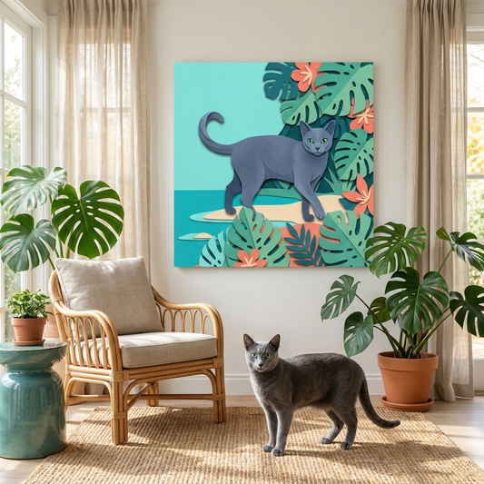 Tropical Cut-Paper Canvas room mockup; custom cat portrait canvas from photo in the Tropical Cut-Paper style; gray cat; proof before print.