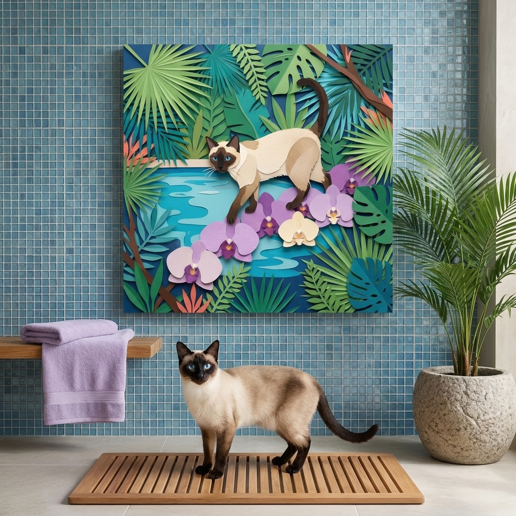 Tropical Cut-Paper Canvas room mockup; custom cat portrait canvas from photo in the Tropical Cut-Paper style; pointed cat; proof before print.