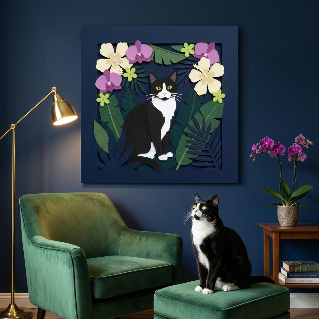 Tropical Cut-Paper Canvas room mockup; custom cat portrait canvas from photo in the Tropical Cut-Paper style; tuxedo cat; proof before print.