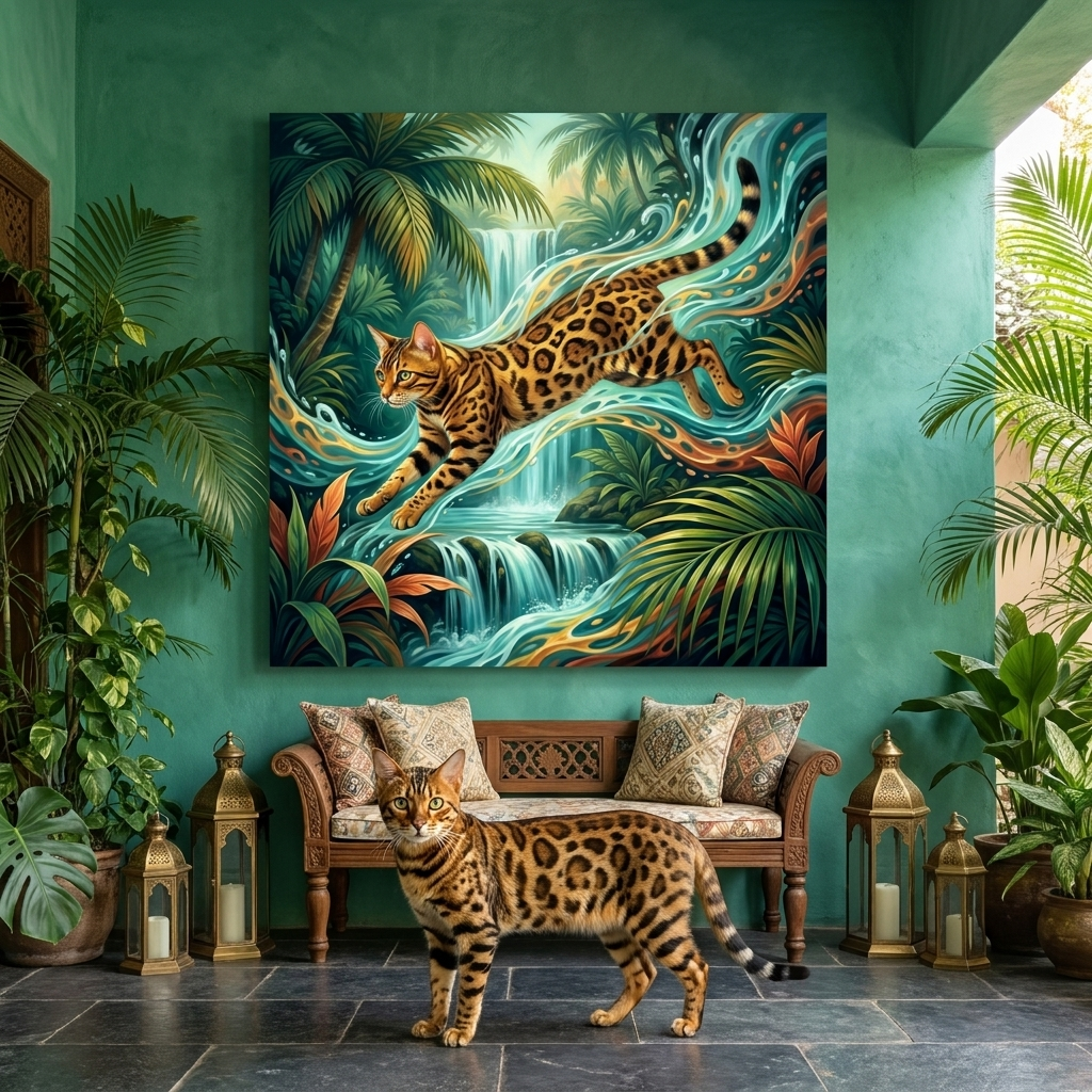 Tropical Flow Canvas room mockup; custom cat portrait canvas from photo in the Tropical Flow style; nature-themed; spotted tabby-like cat; proof before print.
