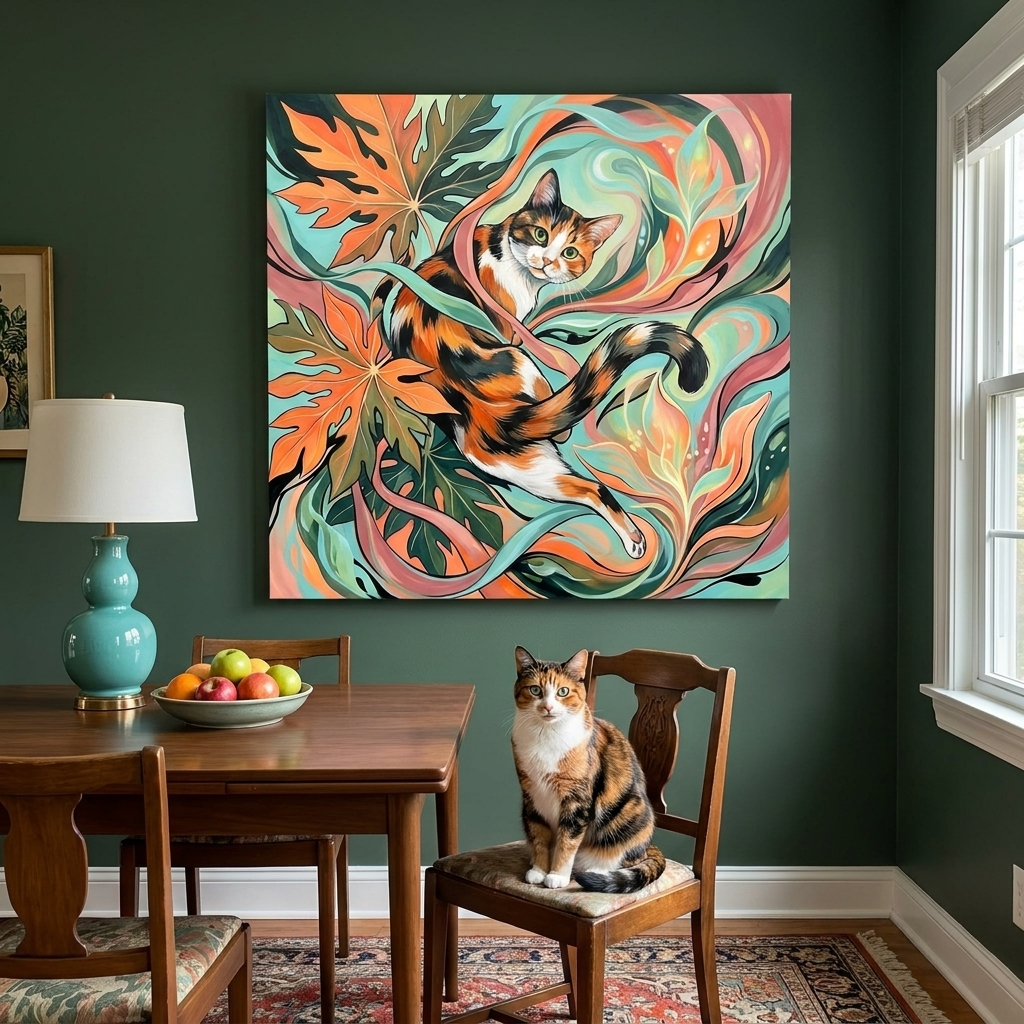 Tropical Flow Canvas room mockup; custom cat portrait canvas from photo in the Tropical Flow style; calico cat; proof before print.