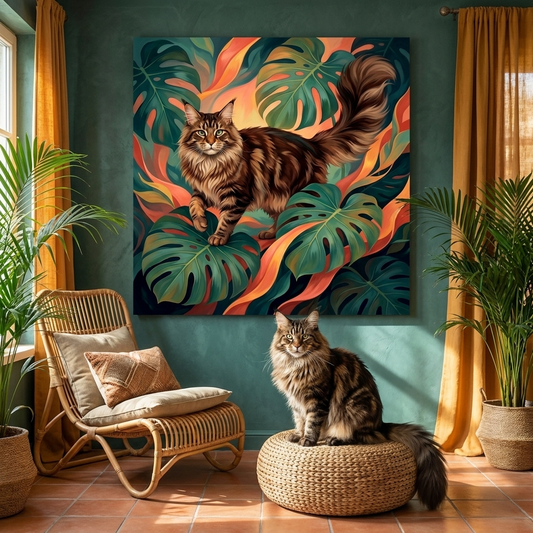Tropical Flow Canvas room mockup; custom cat portrait canvas from photo in the Tropical Flow style; longhair cat; proof before print.