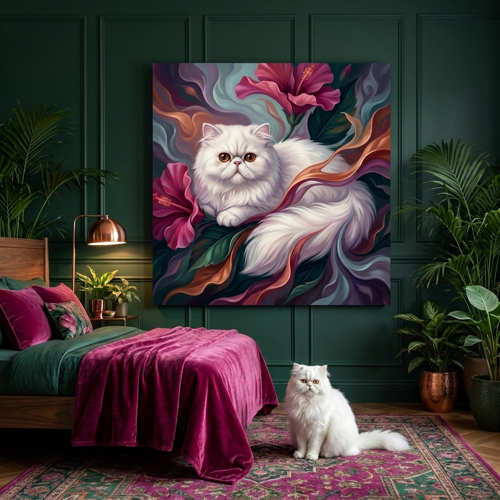 Tropical Flow Canvas room mockup; custom cat portrait canvas from photo in the Tropical Flow style; longhair cat; proof before print.