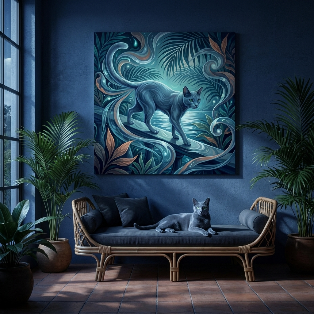 Tropical Flow Canvas room mockup; custom cat portrait canvas from photo in the Tropical Flow style; gray cat; proof before print.