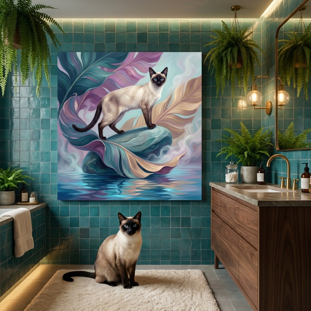 Tropical Flow Canvas room mockup; custom cat portrait canvas from photo in the Tropical Flow style; pointed cat; proof before print.