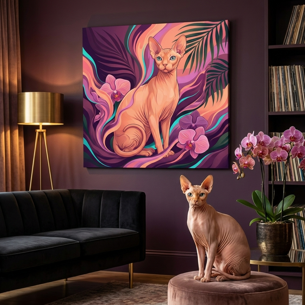 Tropical Flow Canvas room mockup; custom cat portrait canvas from photo in the Tropical Flow style; hairless cat; proof before print.