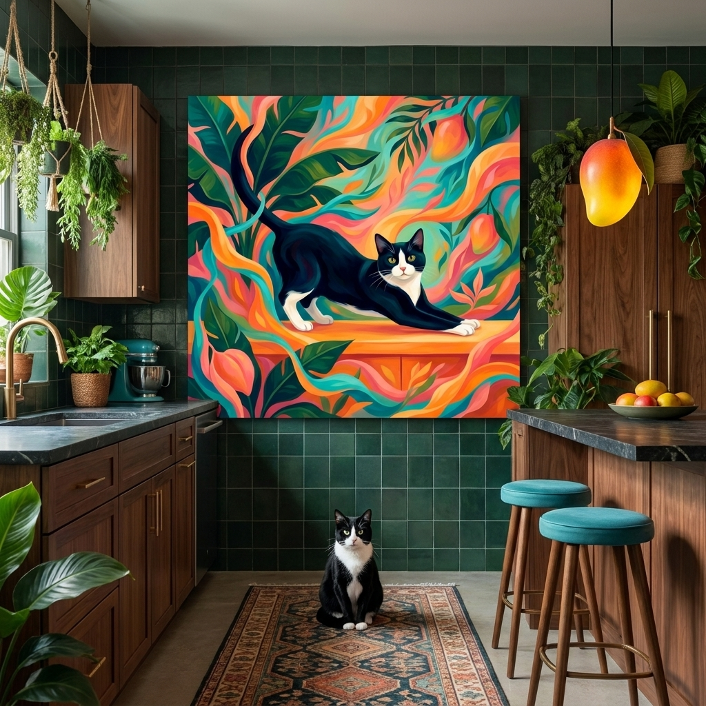 Tropical Flow Canvas room mockup; custom cat portrait canvas from photo in the Tropical Flow style; kitchen-themed; tuxedo cat; proof before print.