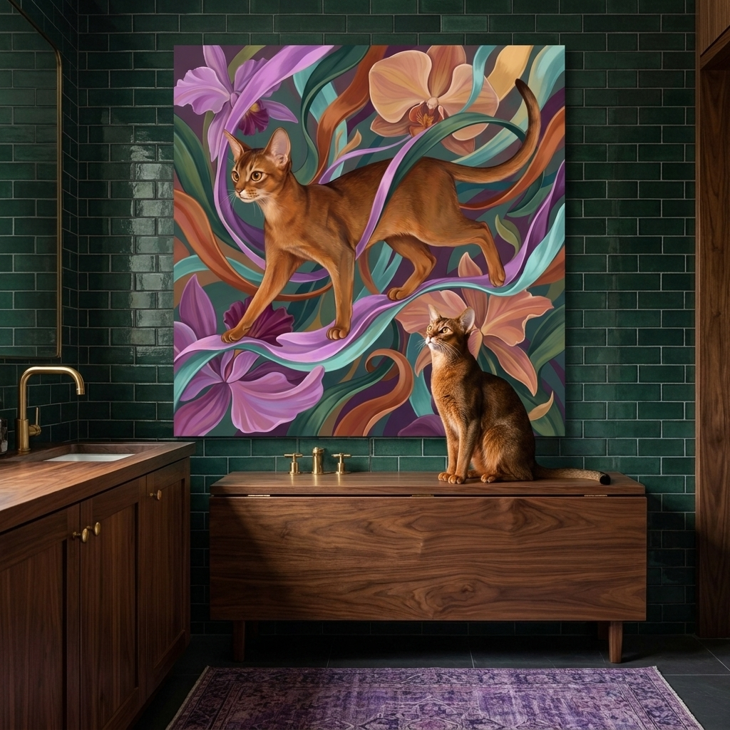 Tropical Flow Canvas room mockup; custom cat portrait canvas from photo in the Tropical Flow style; warm-toned cat; proof before print.