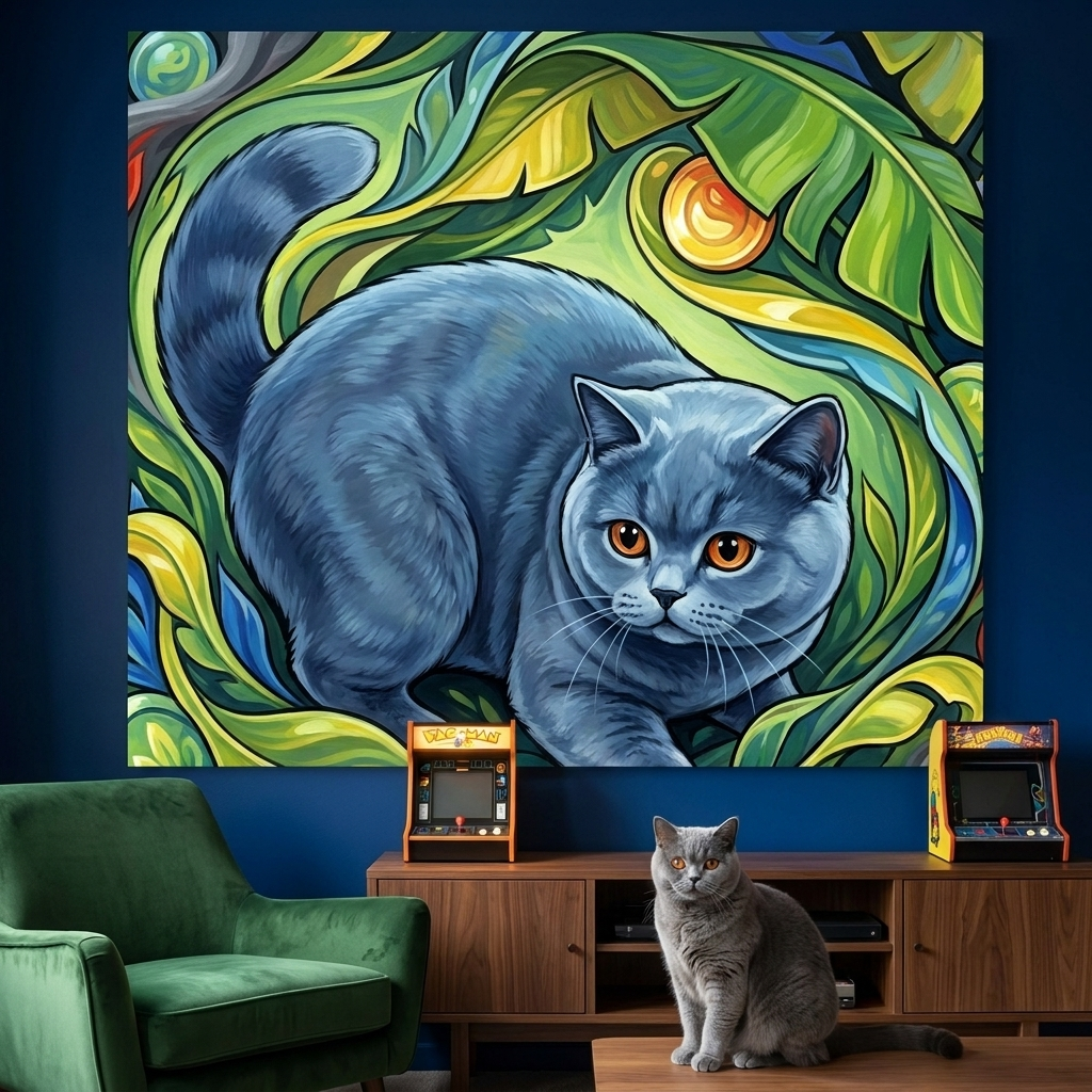 Tropical Flow Canvas room mockup; custom cat portrait canvas from photo in the Tropical Flow style; gray cat; proof before print.