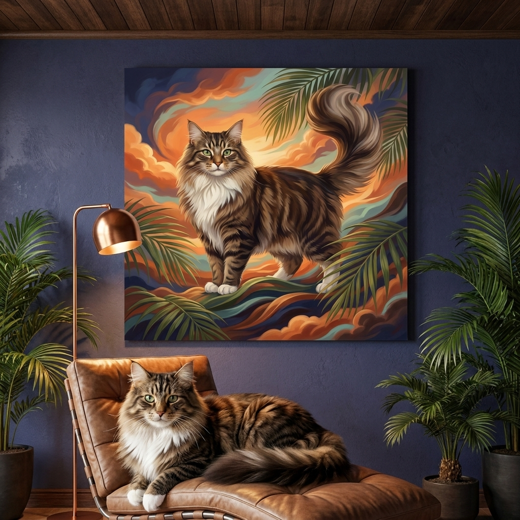Tropical Flow Canvas room mockup; custom cat portrait canvas from photo in the Tropical Flow style; nature-themed; longhair cat; proof before print.