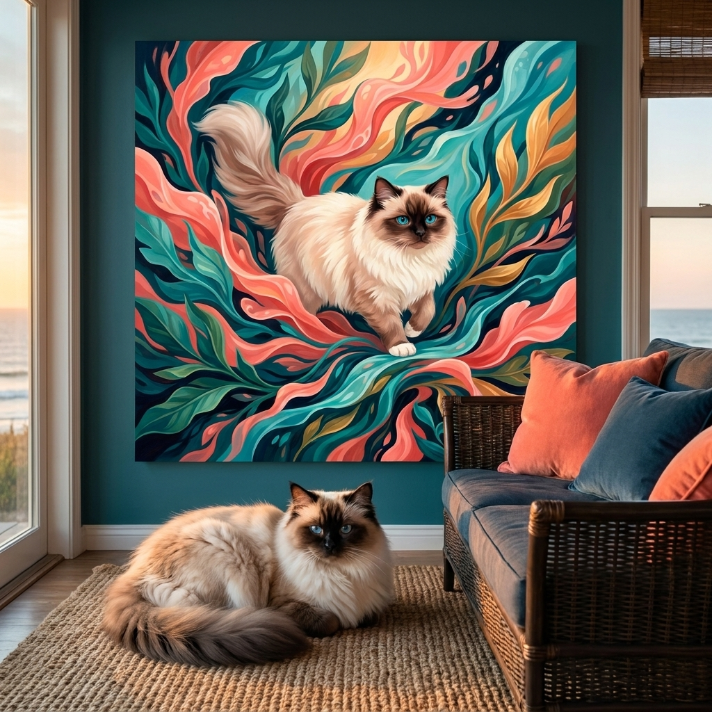 Tropical Flow Canvas room mockup; custom cat portrait canvas from photo in the Tropical Flow style; longhair cat; proof before print.