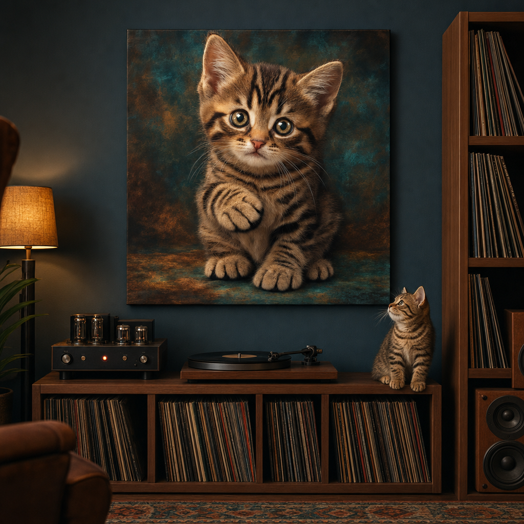 True Detail Baby Canvas room mockup; custom cat portrait canvas from photo in the True Detail Baby style; brown tabby cat; proof before print.